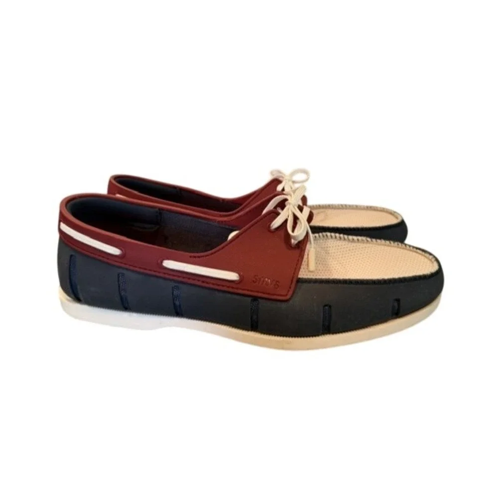 SWIMS Mens Boat Shoes Navy Red White Mesh Water Loafers Lace Up Rubber Sole 11